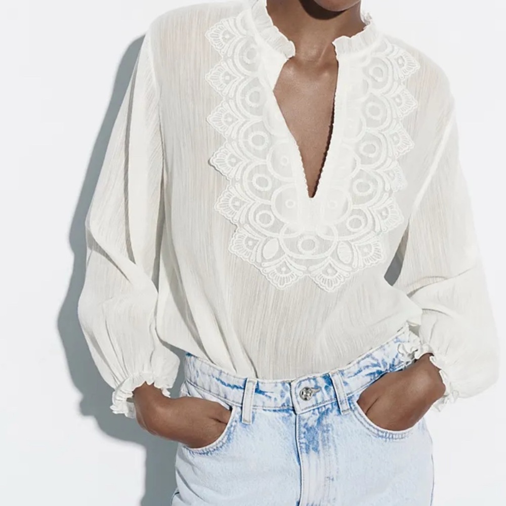 Zara White Pleated Bib Collar Blouse